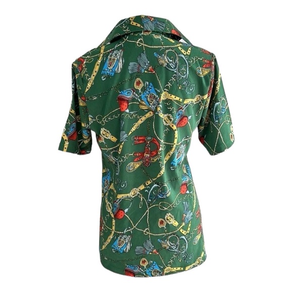 Nina Roco by Angela Rodriguez Green Tassel Print Collared V Neck Top Size Large? - Picture 3 of 5